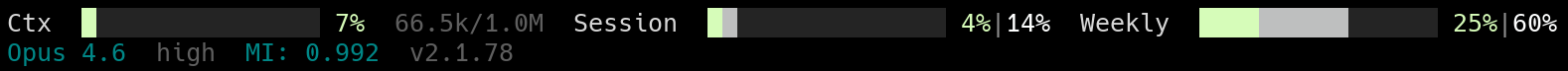 ccstatusline two-line status bar showing context usage, session and weekly burn rate, model, MI score