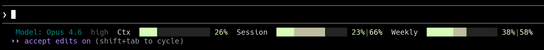 ccstatusline with custom bars showing context usage, session burn rate, and weekly burn rate