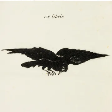 Ink drawing of a raven in flight under the words ex libris