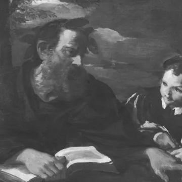 Painting of the old, bearded Homer dictating while a boy writes