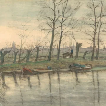 Watercolour of bare trees and boats along a canal, with the Amsterdam skyline far behind